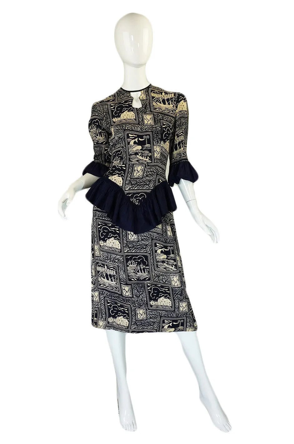 1940s Silk Peplum Printed Swing Dress