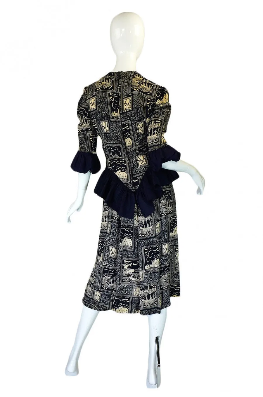 1940s Silk Peplum Printed Swing Dress