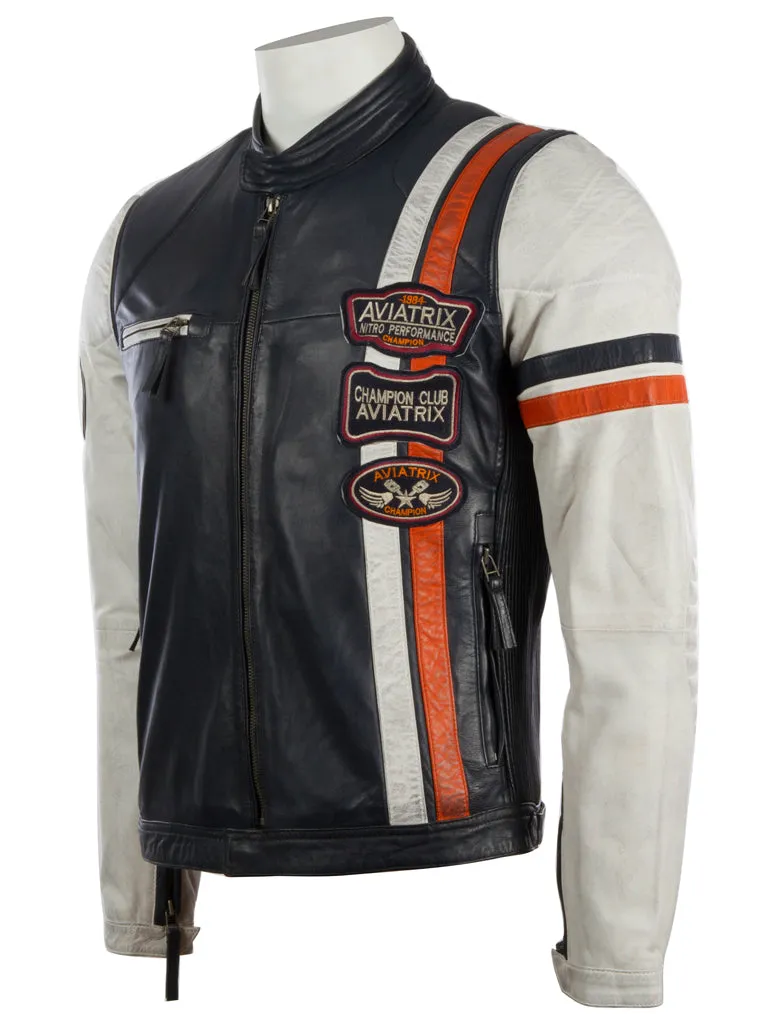 3ZS3 Men's Retro Biker Jacket - Navy/White