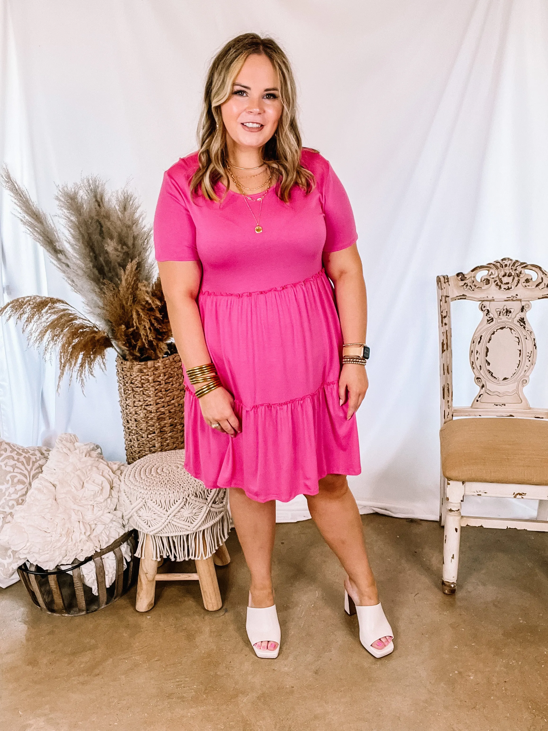 A Night to Remember Ruffle Tiered Short Sleeve Dress in Fuchsia Pink