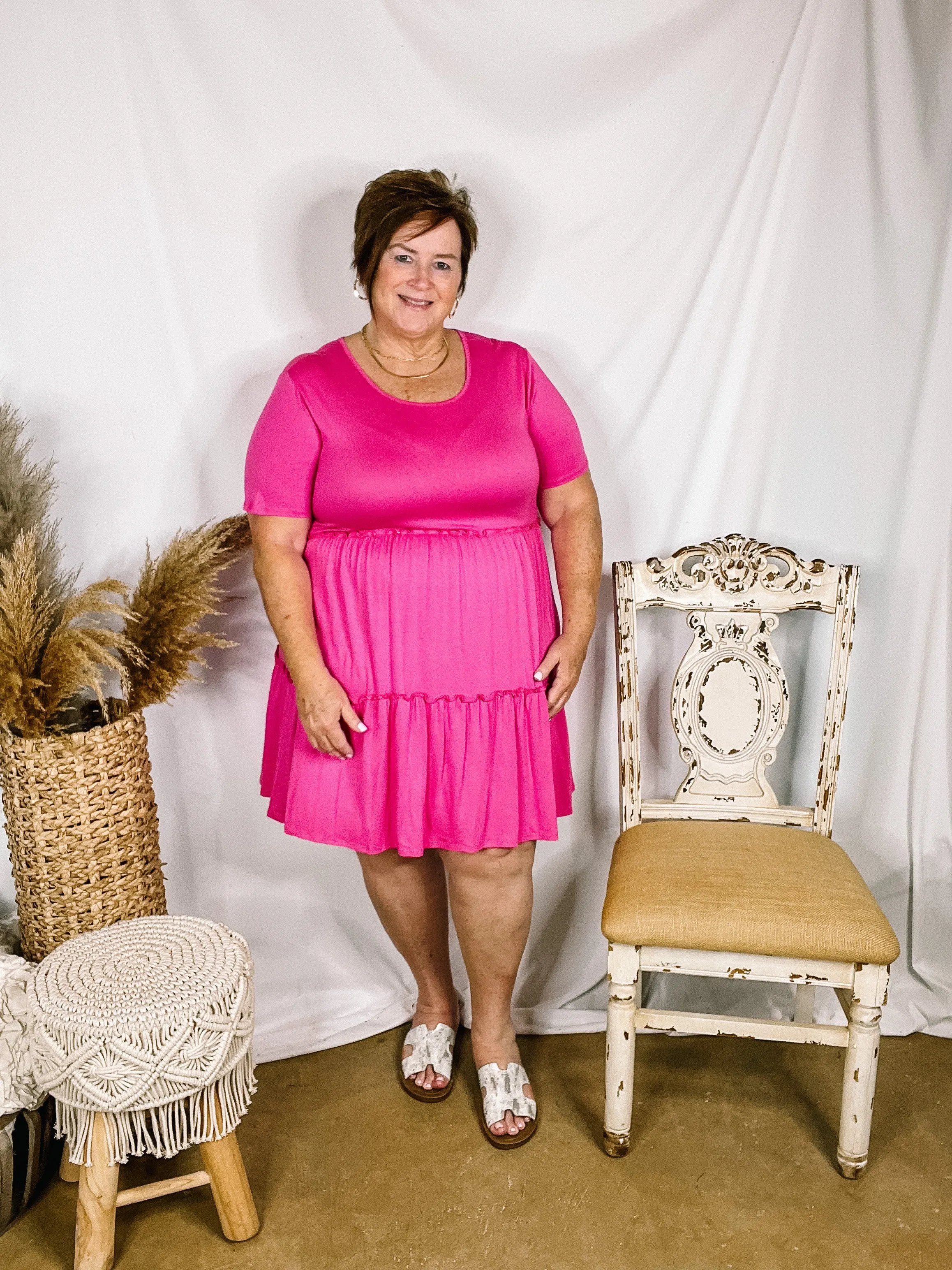 A Night to Remember Ruffle Tiered Short Sleeve Dress in Fuchsia Pink