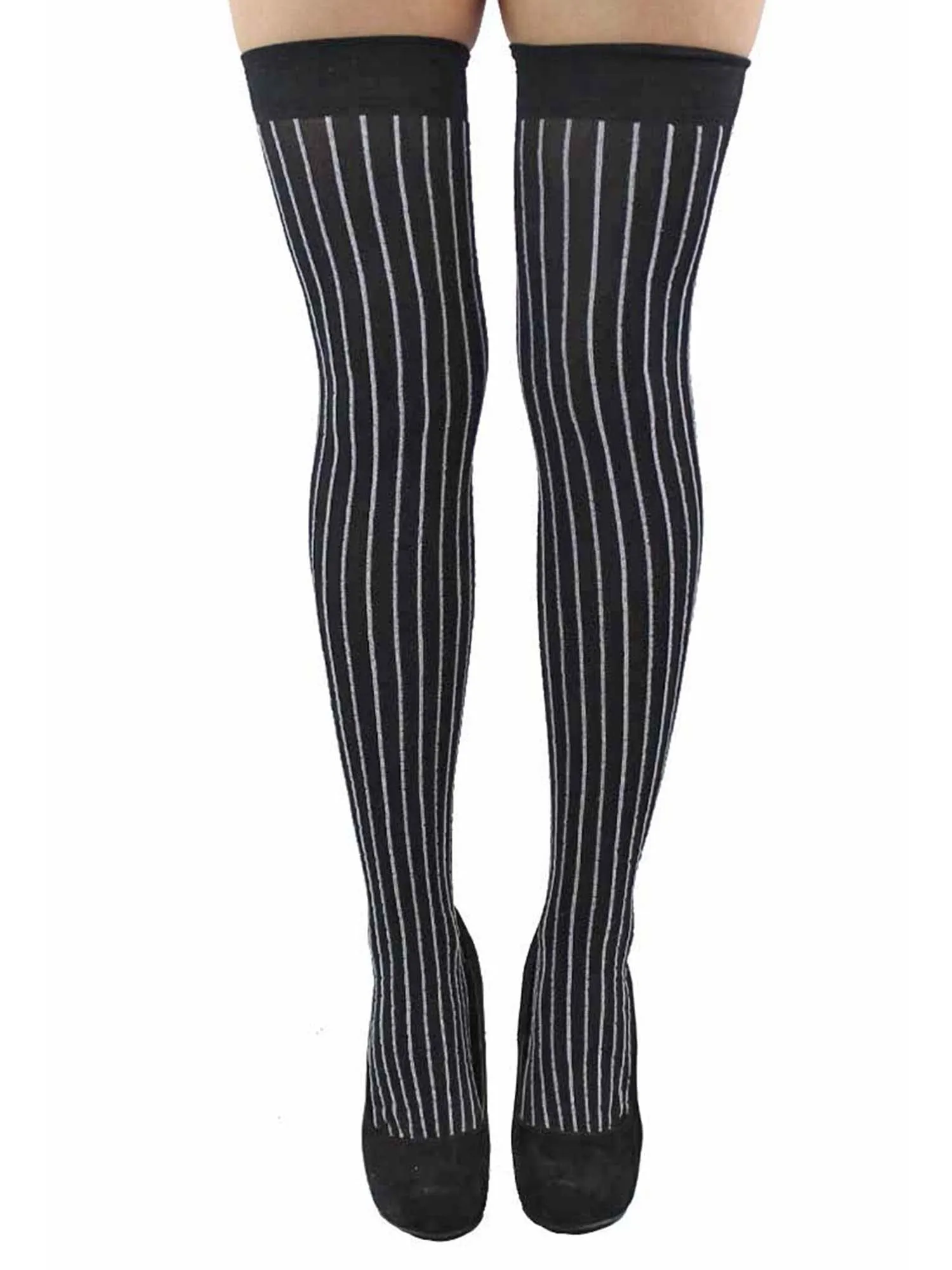 Black & Gray Pinstripe Thigh High Stockings For Women