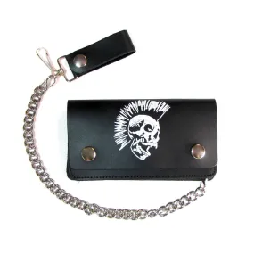 Black Leather 6" Biker Wallet w/ Printed Skull Mohawk Detail