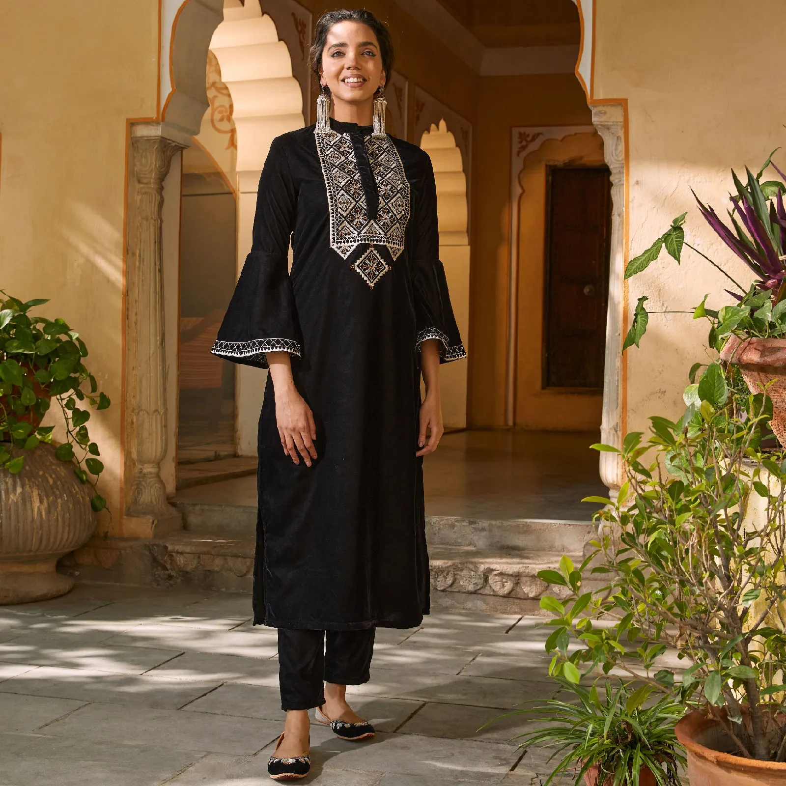 Black Velvet Embroidered Kurta with Bell Sleeves