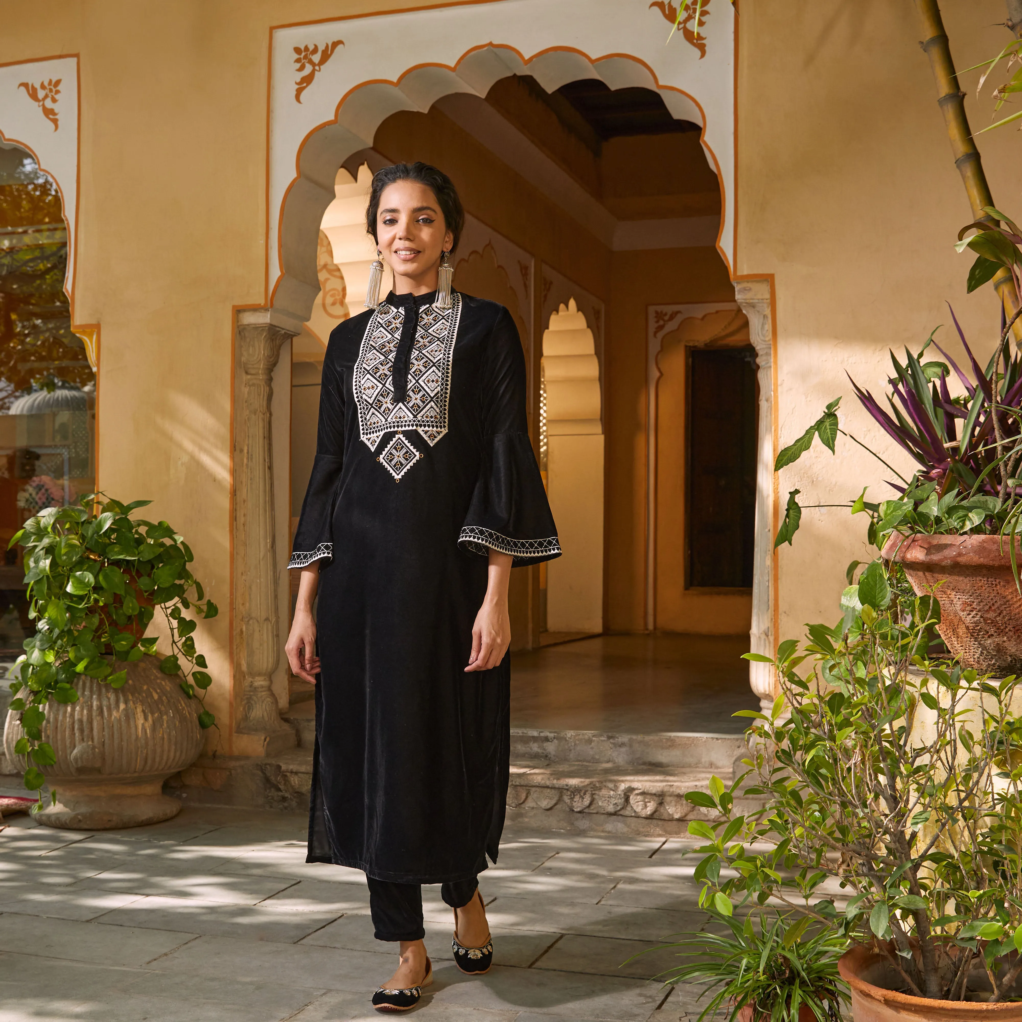 Black Velvet Embroidered Kurta with Bell Sleeves