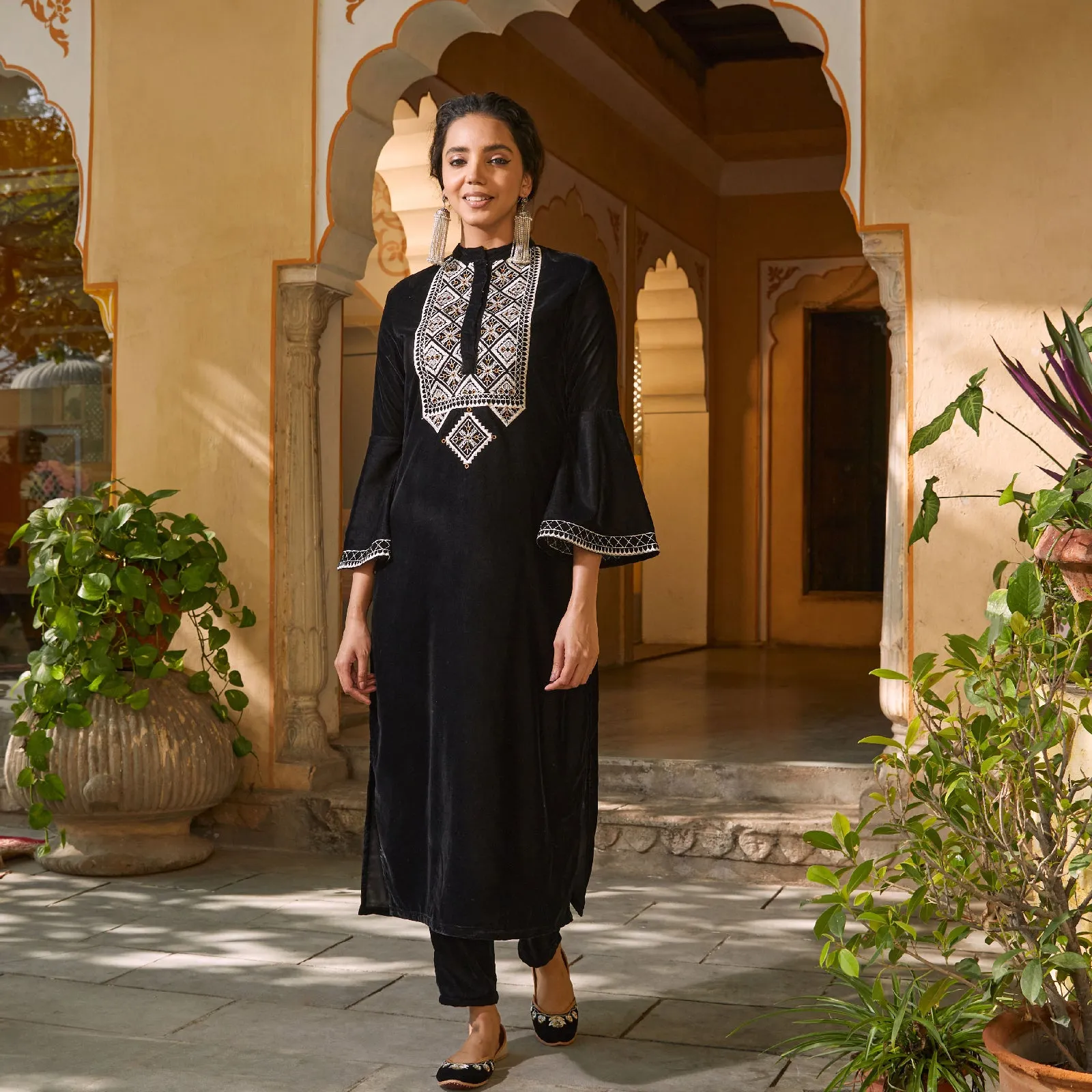 Black Velvet Embroidered Kurta with Bell Sleeves