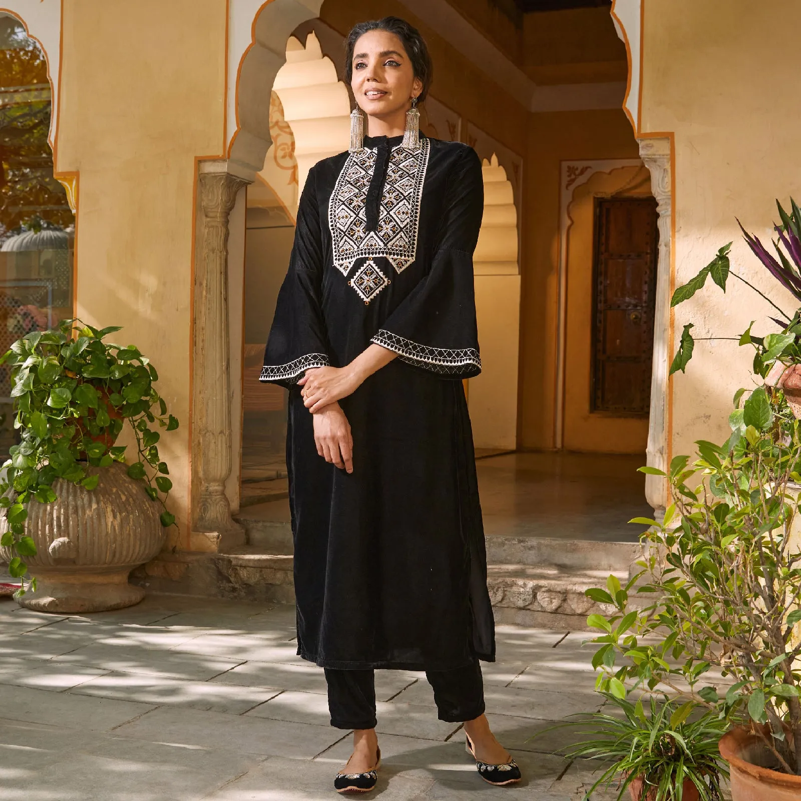 Black Velvet Embroidered Kurta with Bell Sleeves