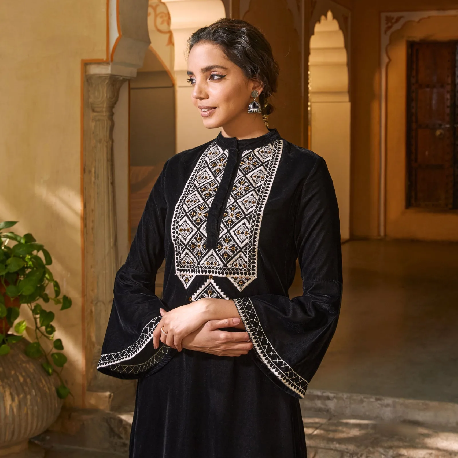 Black Velvet Embroidered Kurta with Bell Sleeves