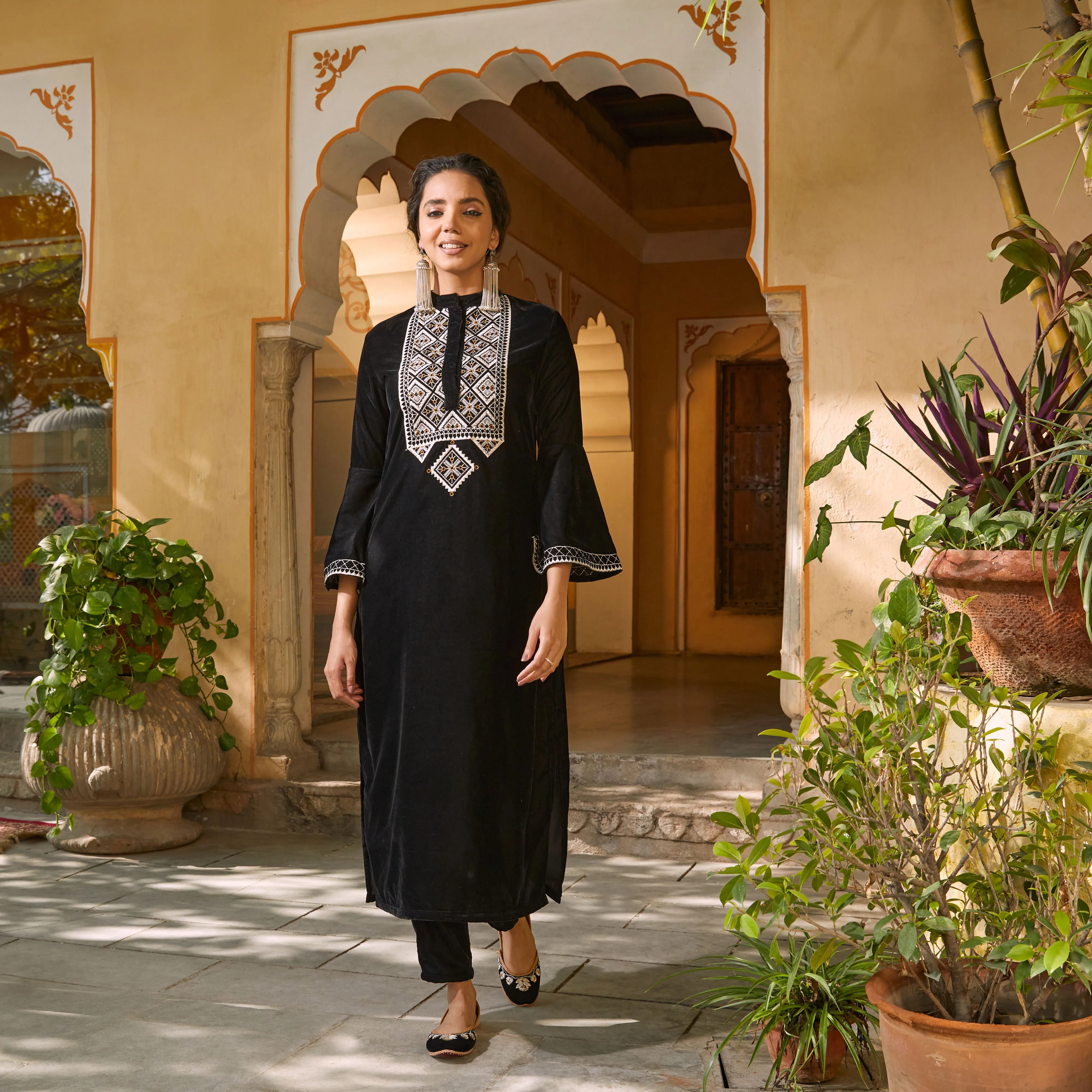 Black Velvet Embroidered Kurta with Bell Sleeves