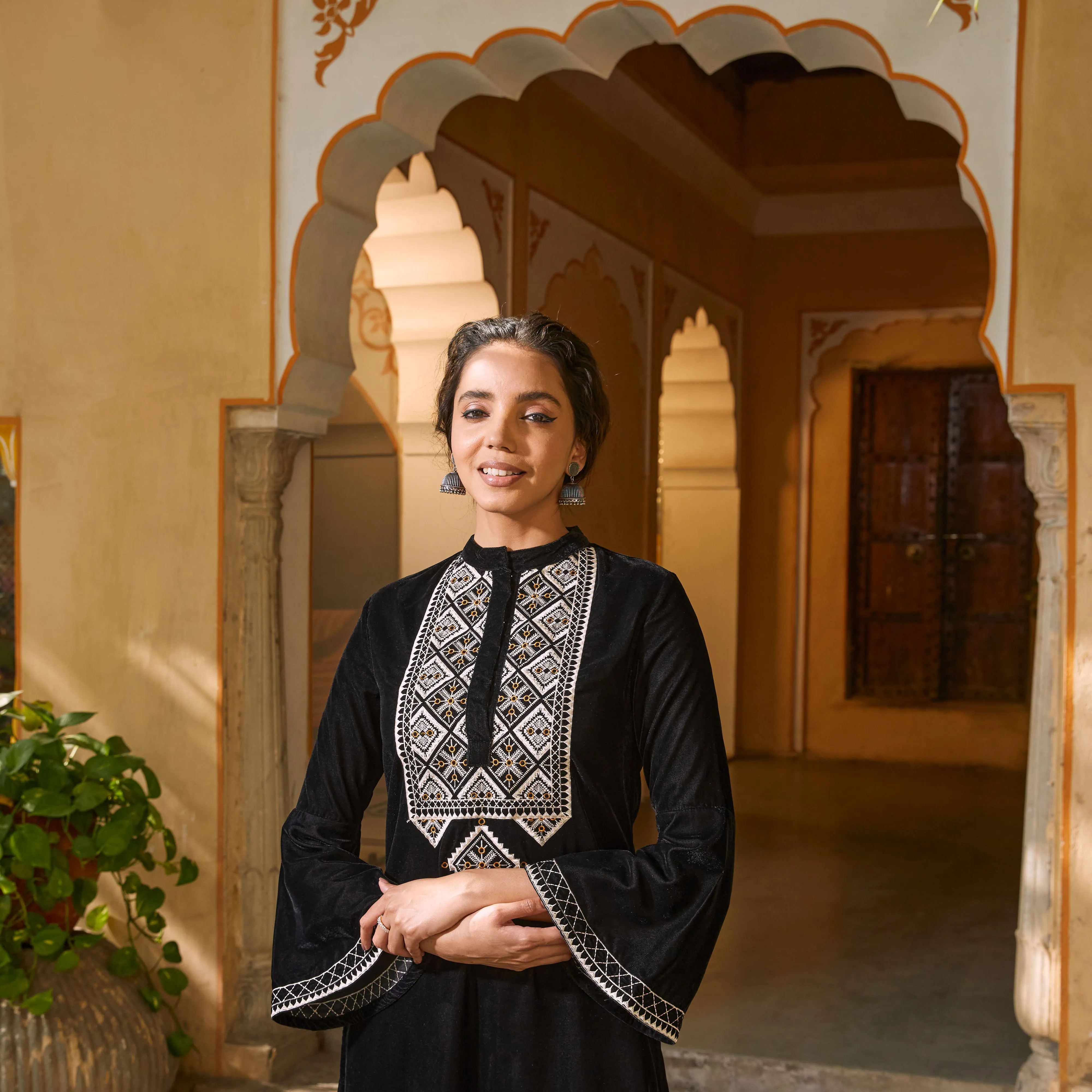 Black Velvet Embroidered Kurta with Bell Sleeves