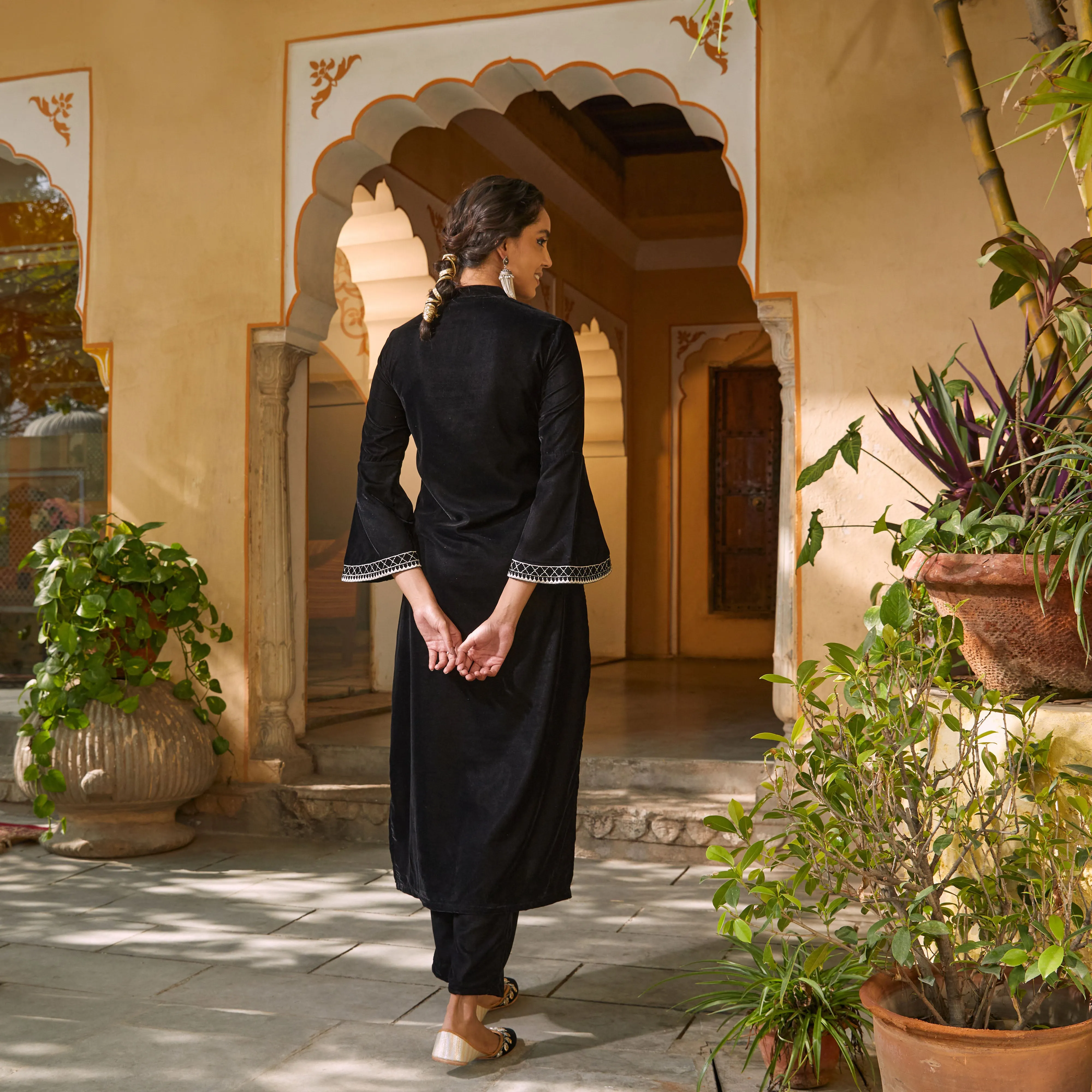 Black Velvet Embroidered Kurta with Bell Sleeves