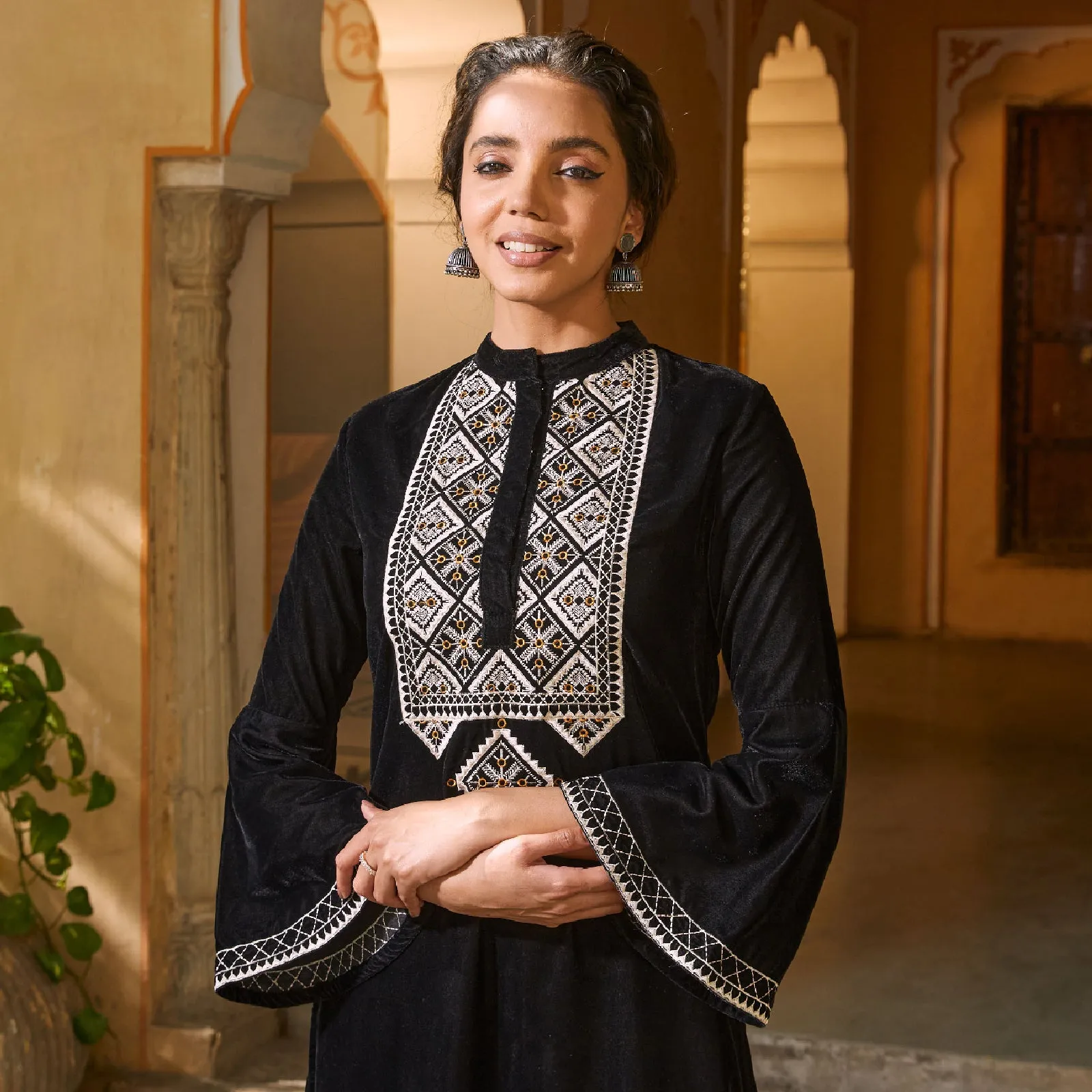 Black Velvet Embroidered Kurta with Bell Sleeves