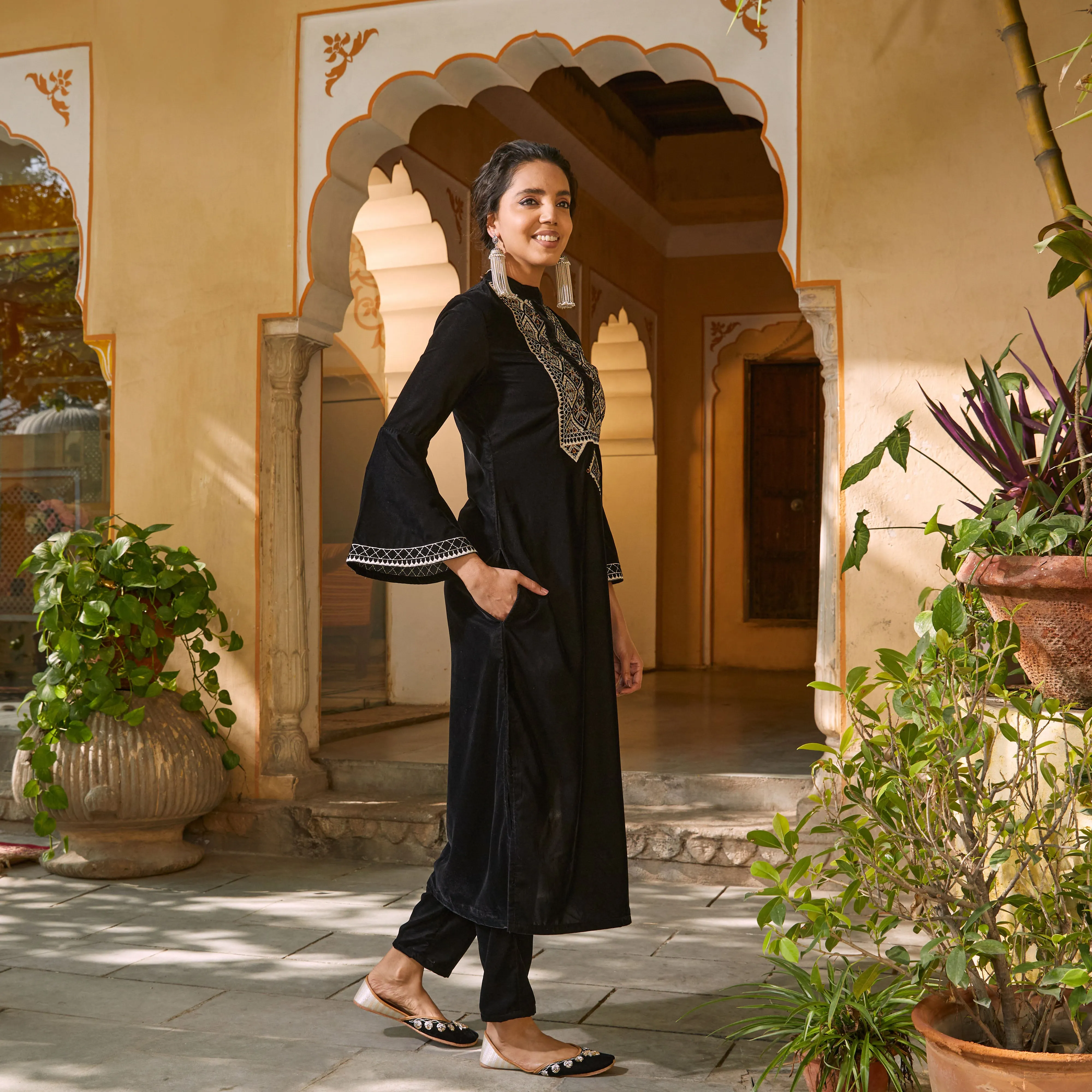 Black Velvet Embroidered Kurta with Bell Sleeves