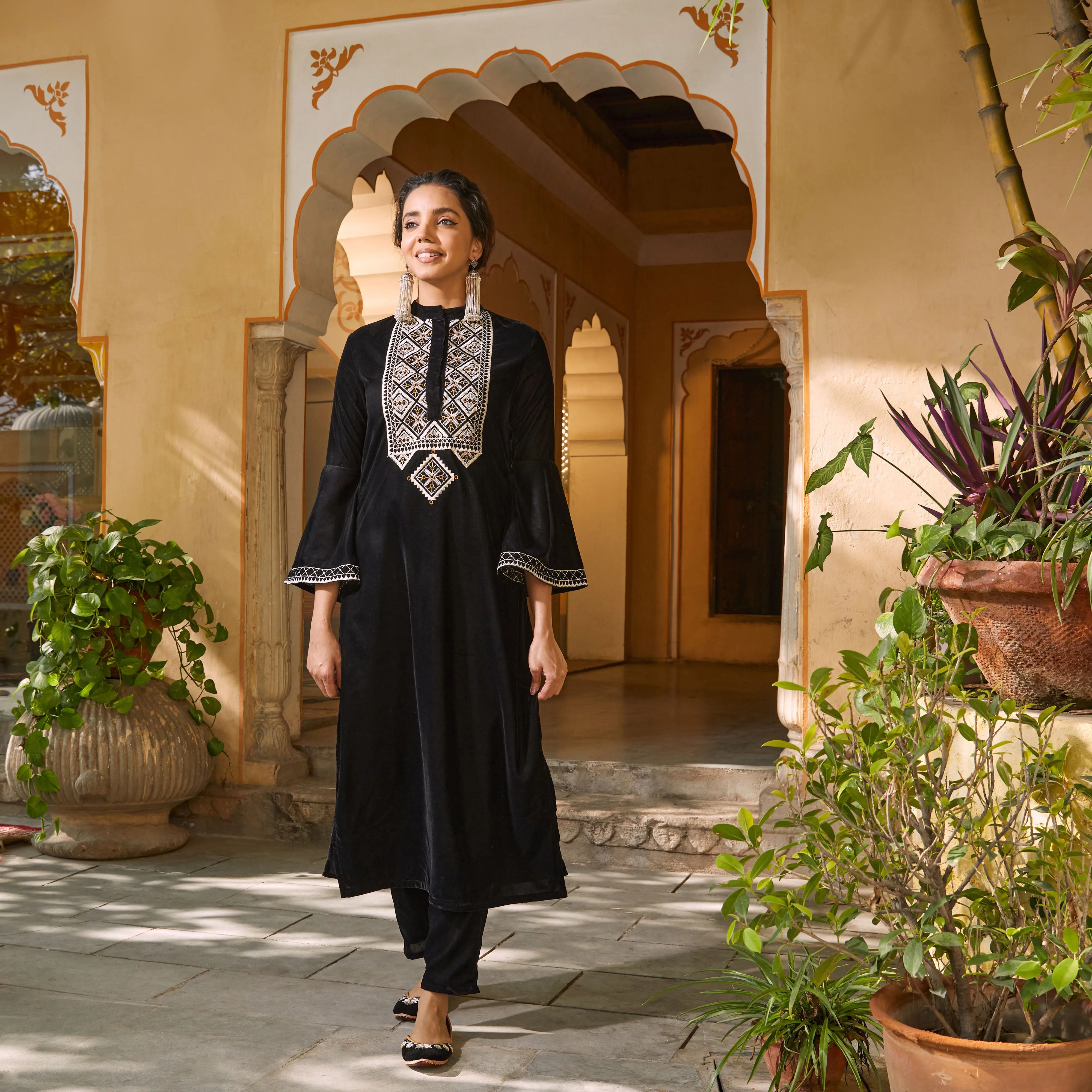 Black Velvet Embroidered Kurta with Bell Sleeves