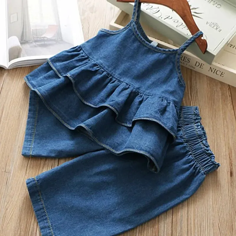 Blue Denim Ruffle Cami Top and Wide Leg Jeans Set for Girls