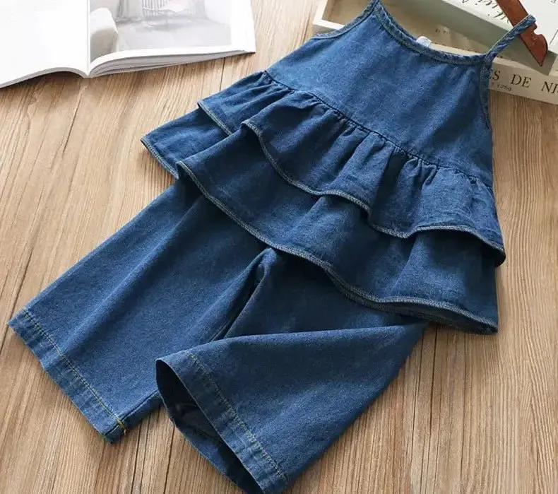 Blue Denim Ruffle Cami Top and Wide Leg Jeans Set for Girls