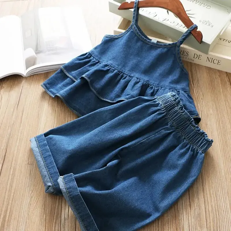 Blue Denim Ruffle Cami Top and Wide Leg Jeans Set for Girls