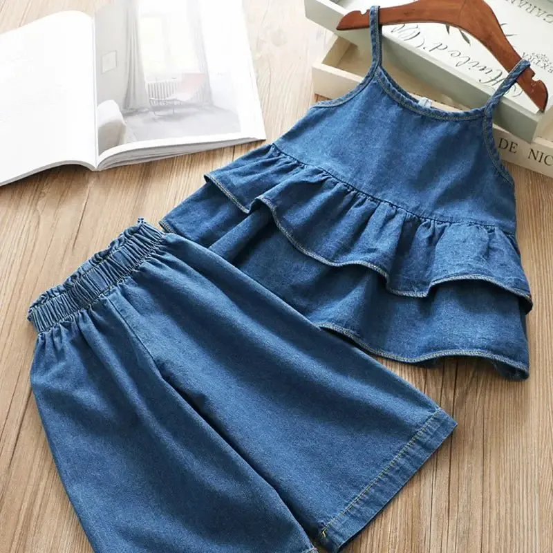 Blue Denim Ruffle Cami Top and Wide Leg Jeans Set for Girls