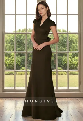 Casual Satin A-Line V-Neck Cap Sleeves With Sweep Train Cocktail Evening Dress