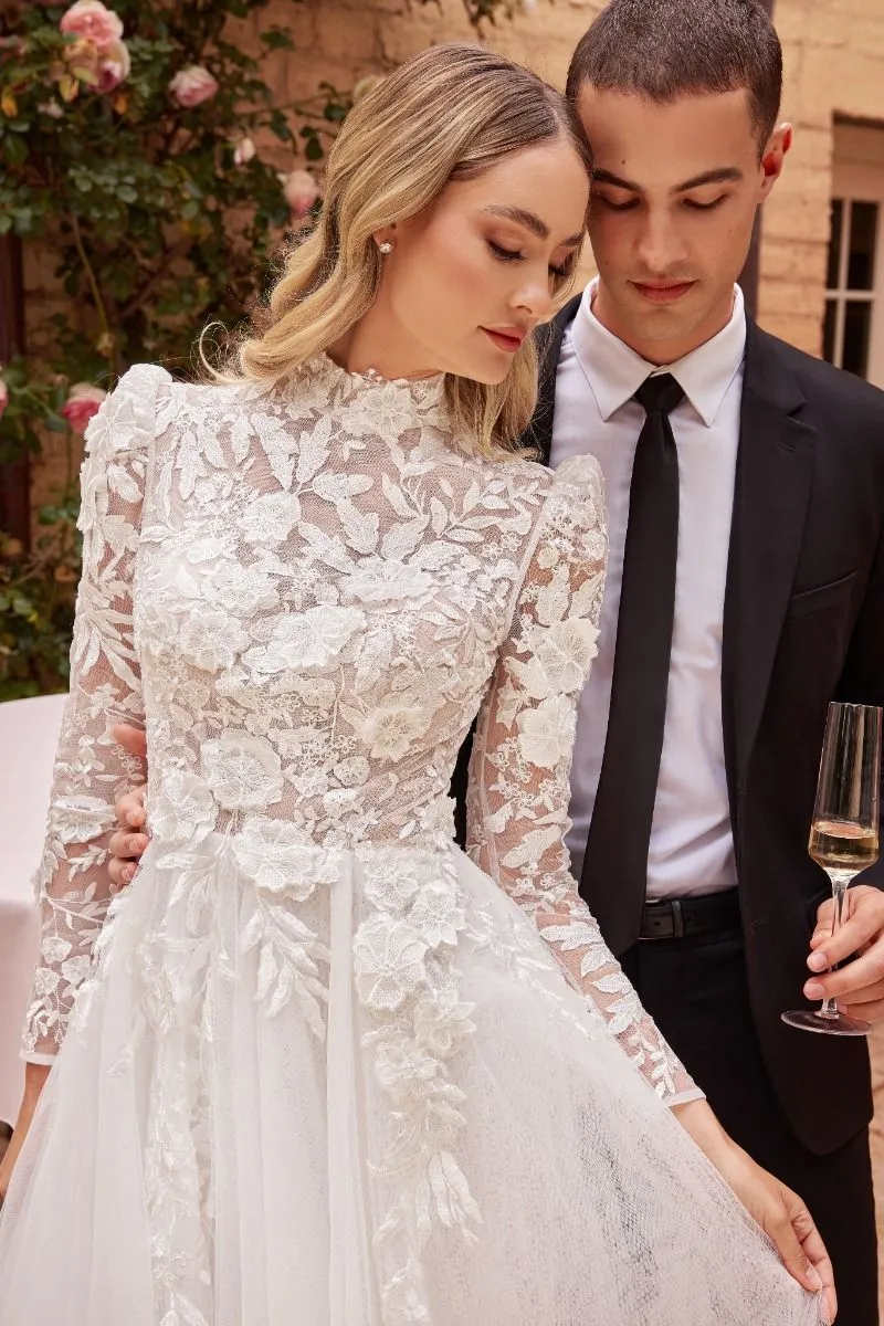 Divinity Bridal ELIZABETH Floral Applique HIgh Neckline Long Sleeve Ball Gown Wedding Dress