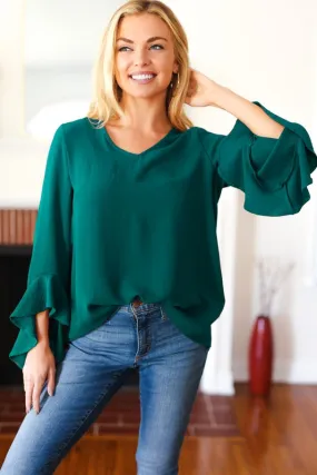 Falling In Love Hunter Green Hi-Lo Ruffle Sleeve Woven Top (Open Pack)