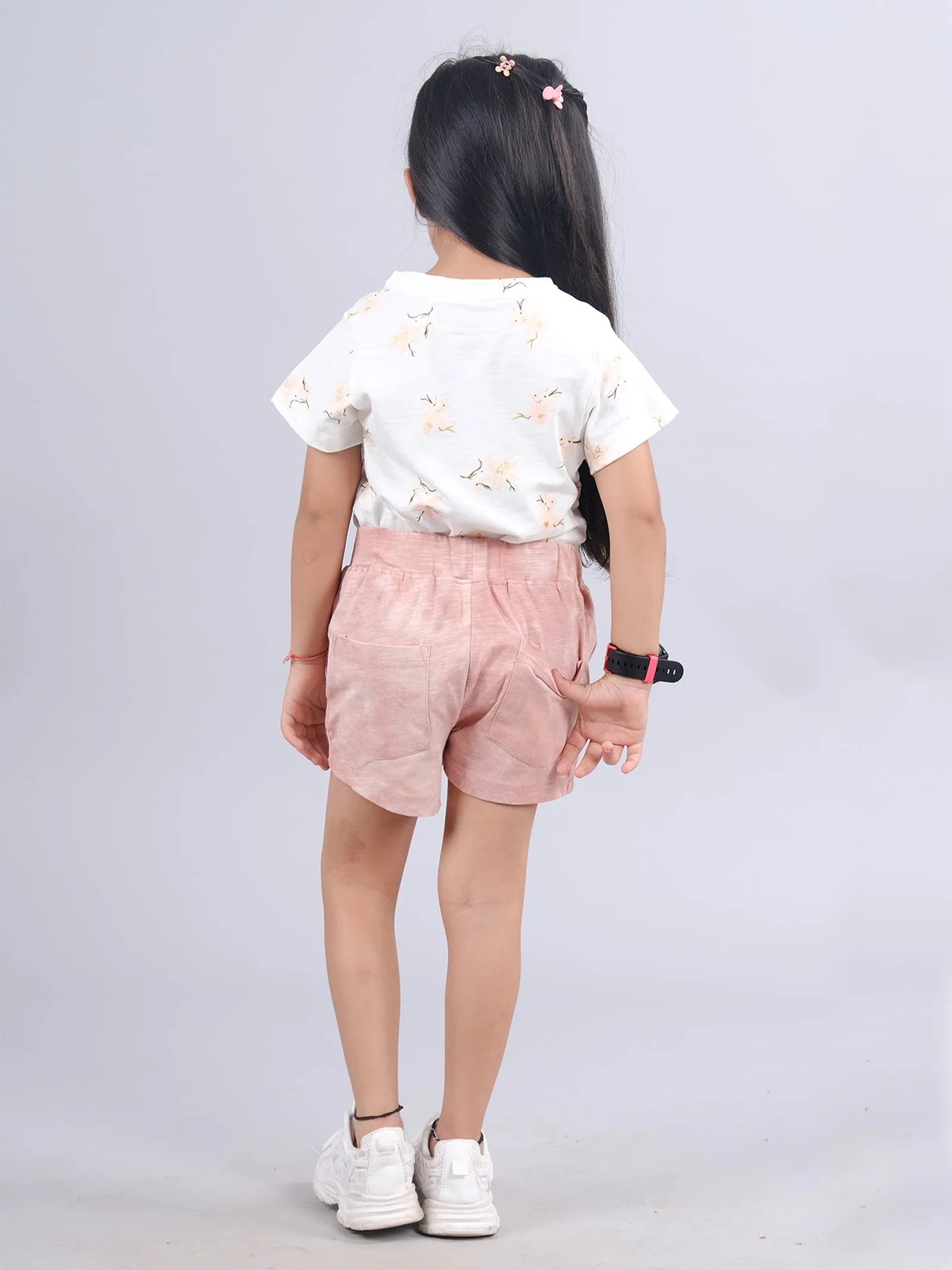 Girls Half Sleeve AOP Tee & Hot Shorts With Back Pocket Set