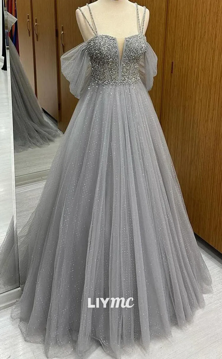 LP2242 - Cocktail Dress Off-Shoulder Appliques Beaded A-Line Ball Gown Prom Dress