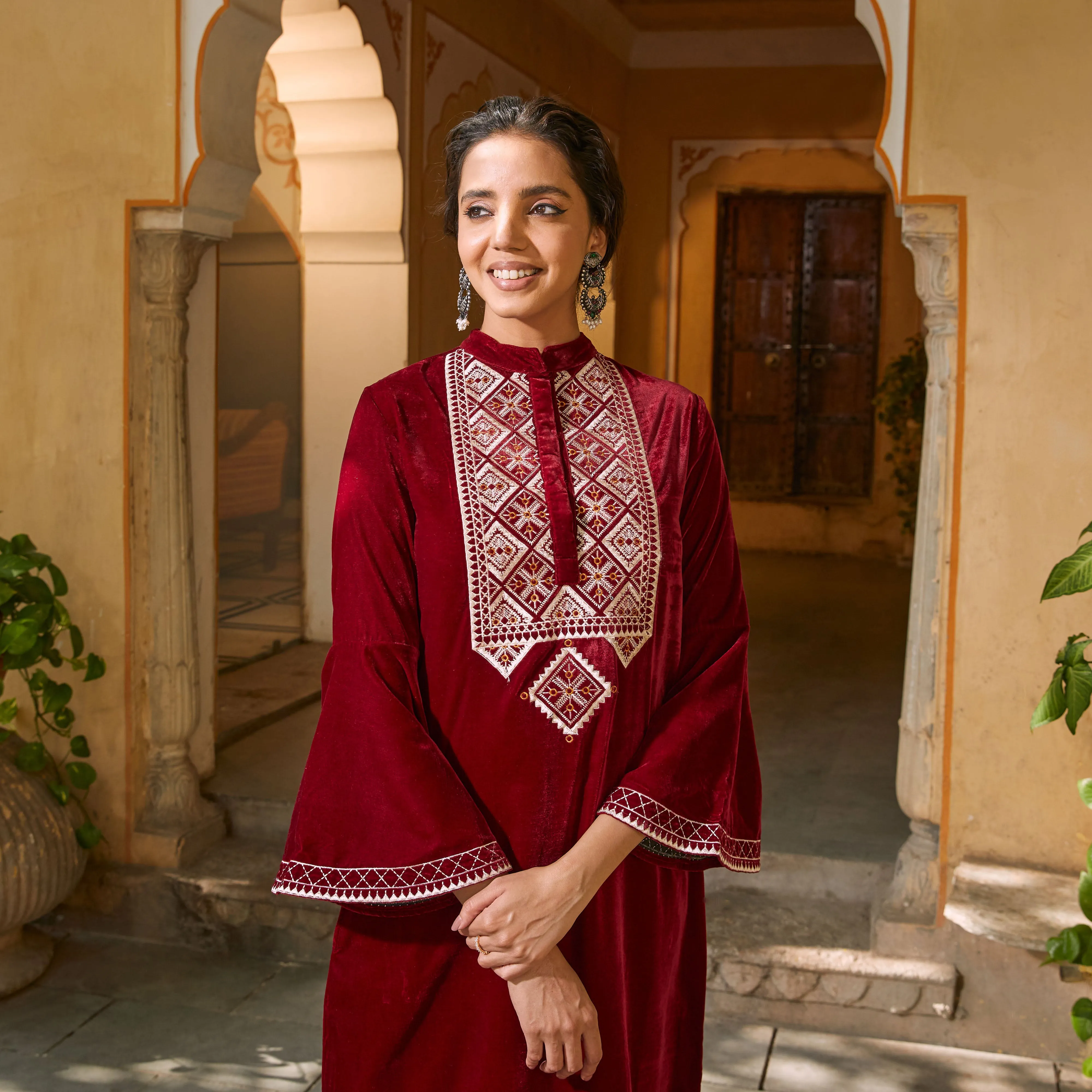 Maroon Velvet Embroidered Kurta with Bell Sleeves