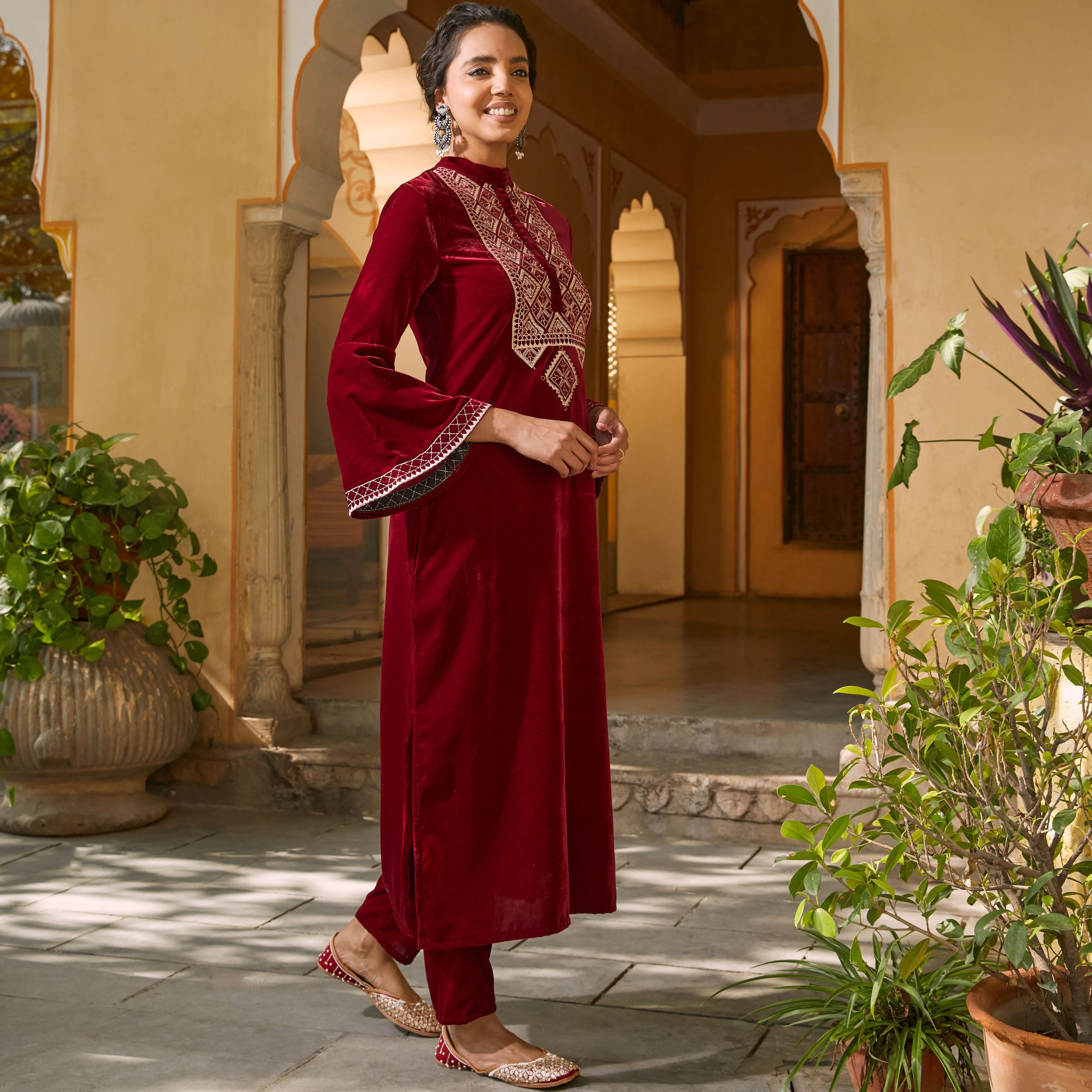 Maroon Velvet Embroidered Kurta with Bell Sleeves