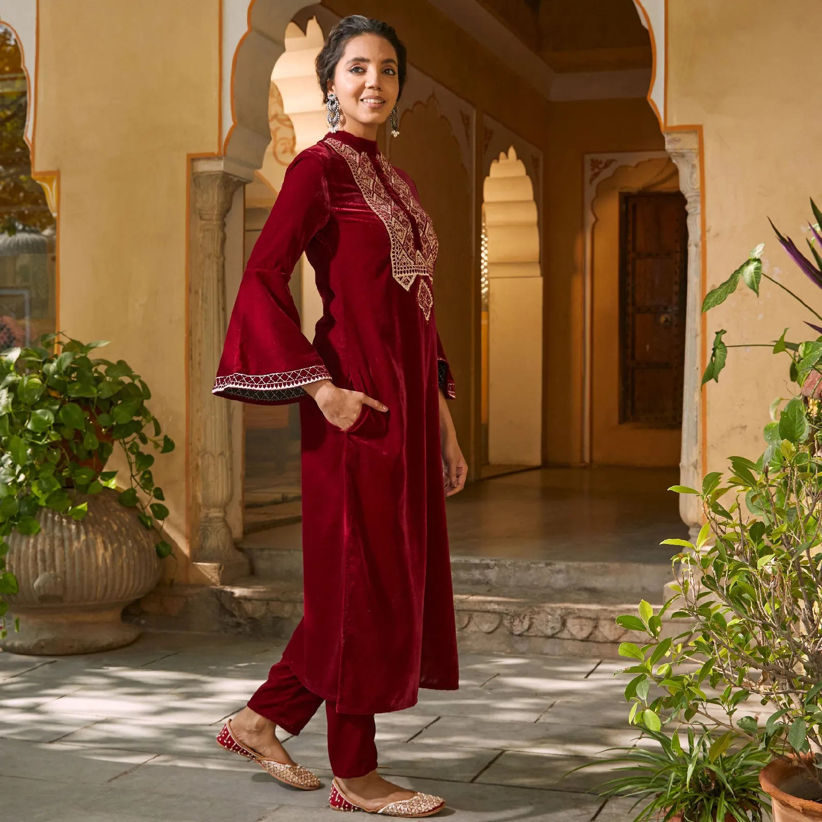 Maroon Velvet Embroidered Kurta with Bell Sleeves