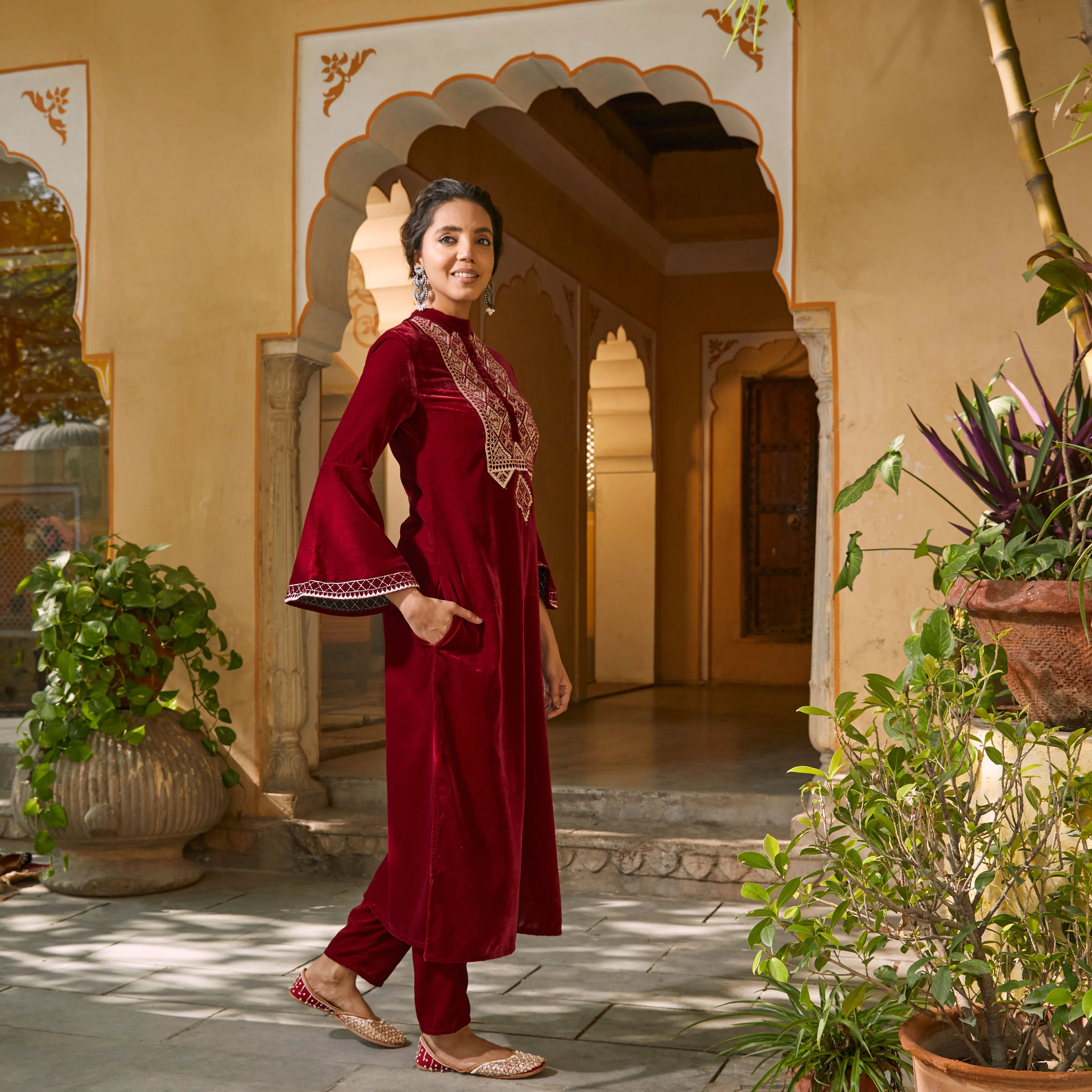 Maroon Velvet Embroidered Kurta with Bell Sleeves