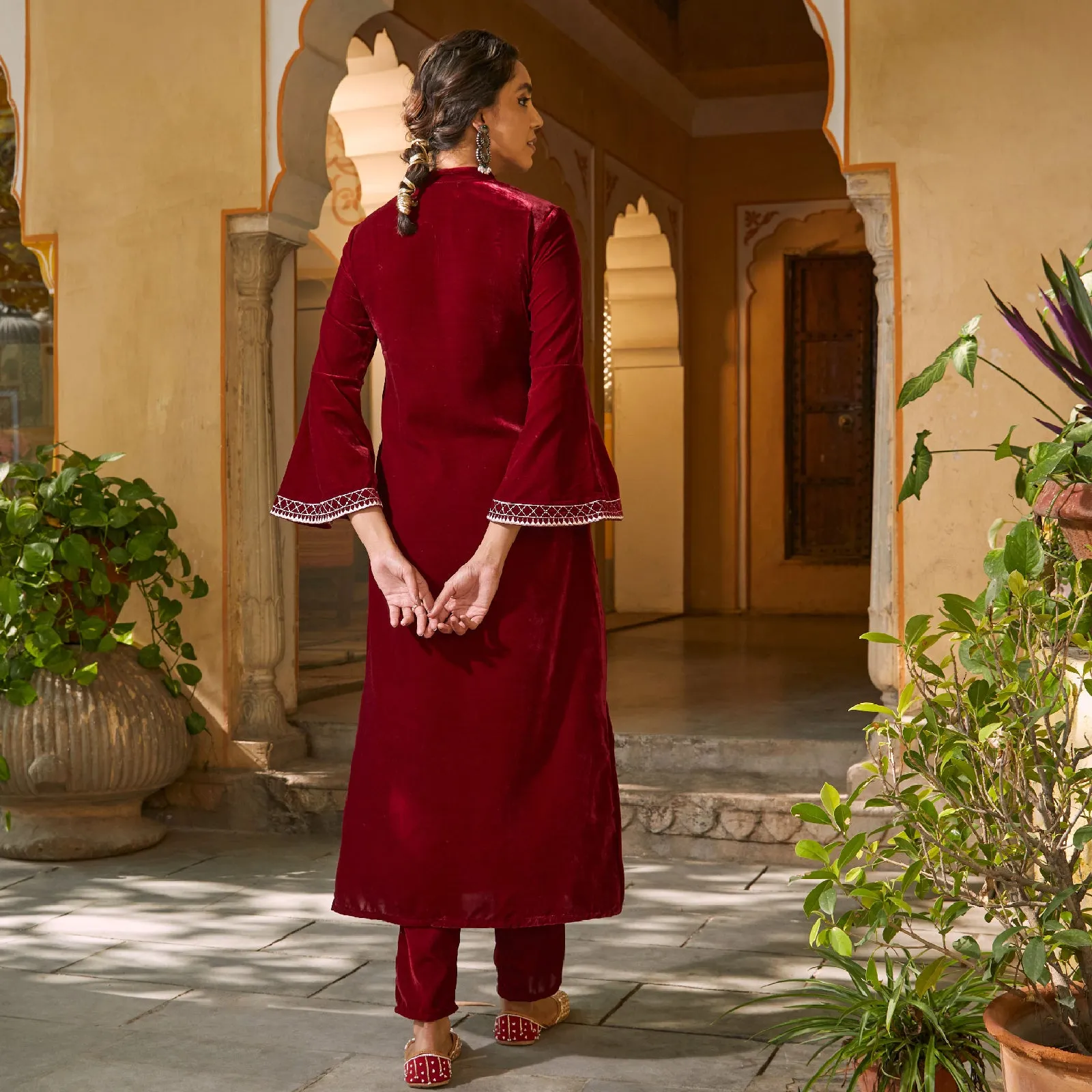 Maroon Velvet Embroidered Kurta with Bell Sleeves