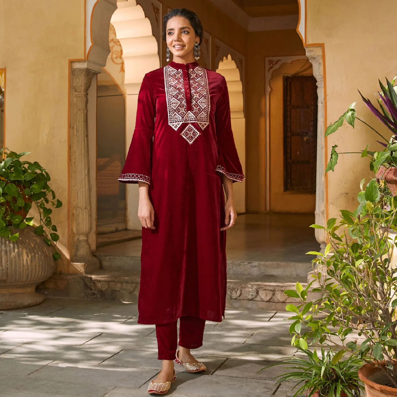 Maroon Velvet Embroidered Kurta with Bell Sleeves