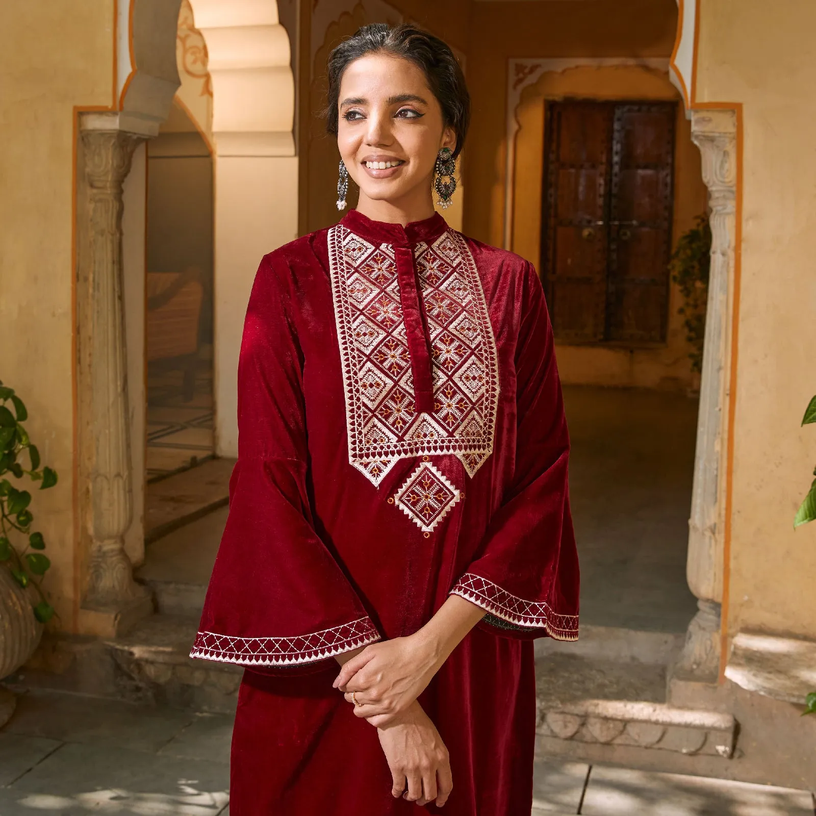 Maroon Velvet Embroidered Kurta with Bell Sleeves