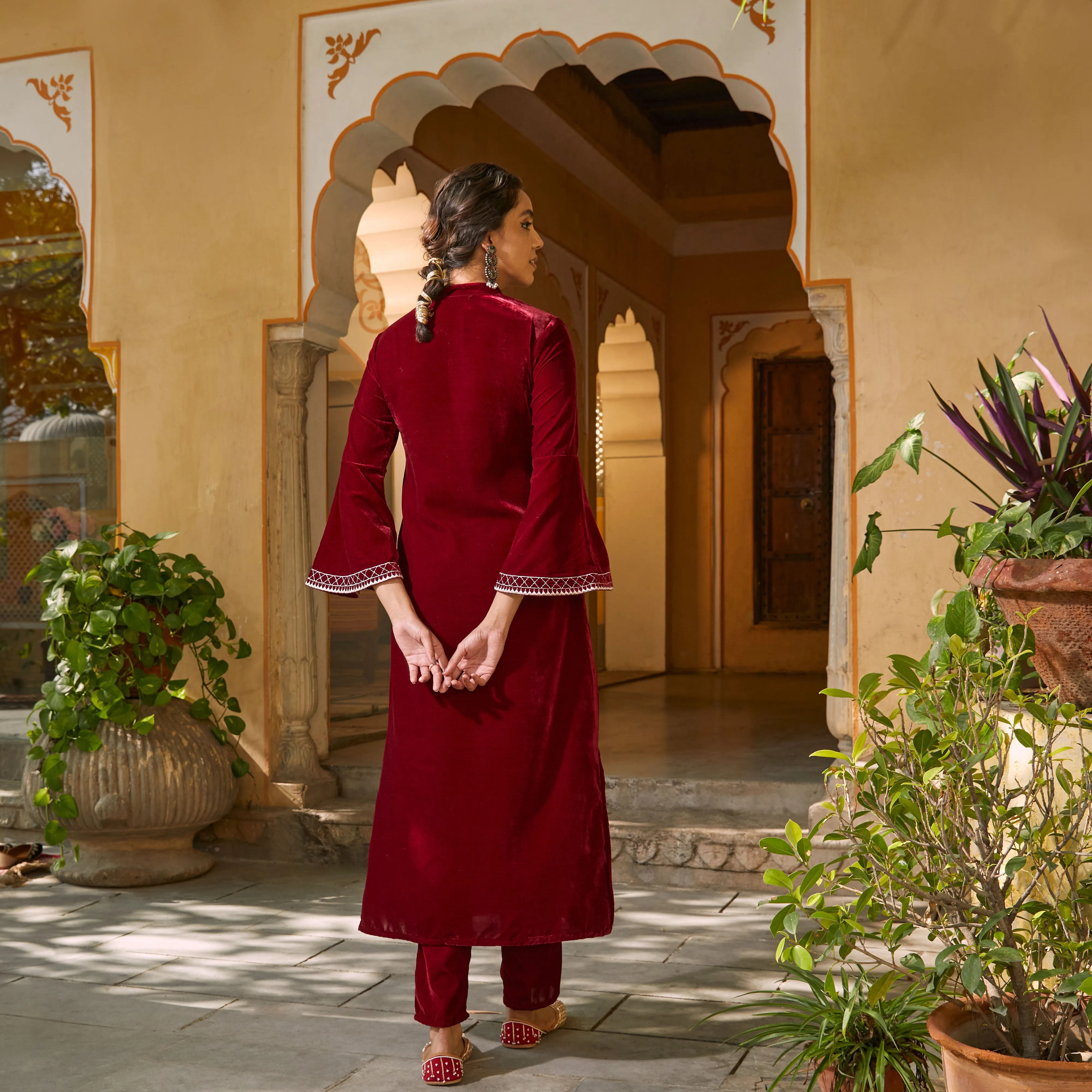 Maroon Velvet Embroidered Kurta with Bell Sleeves