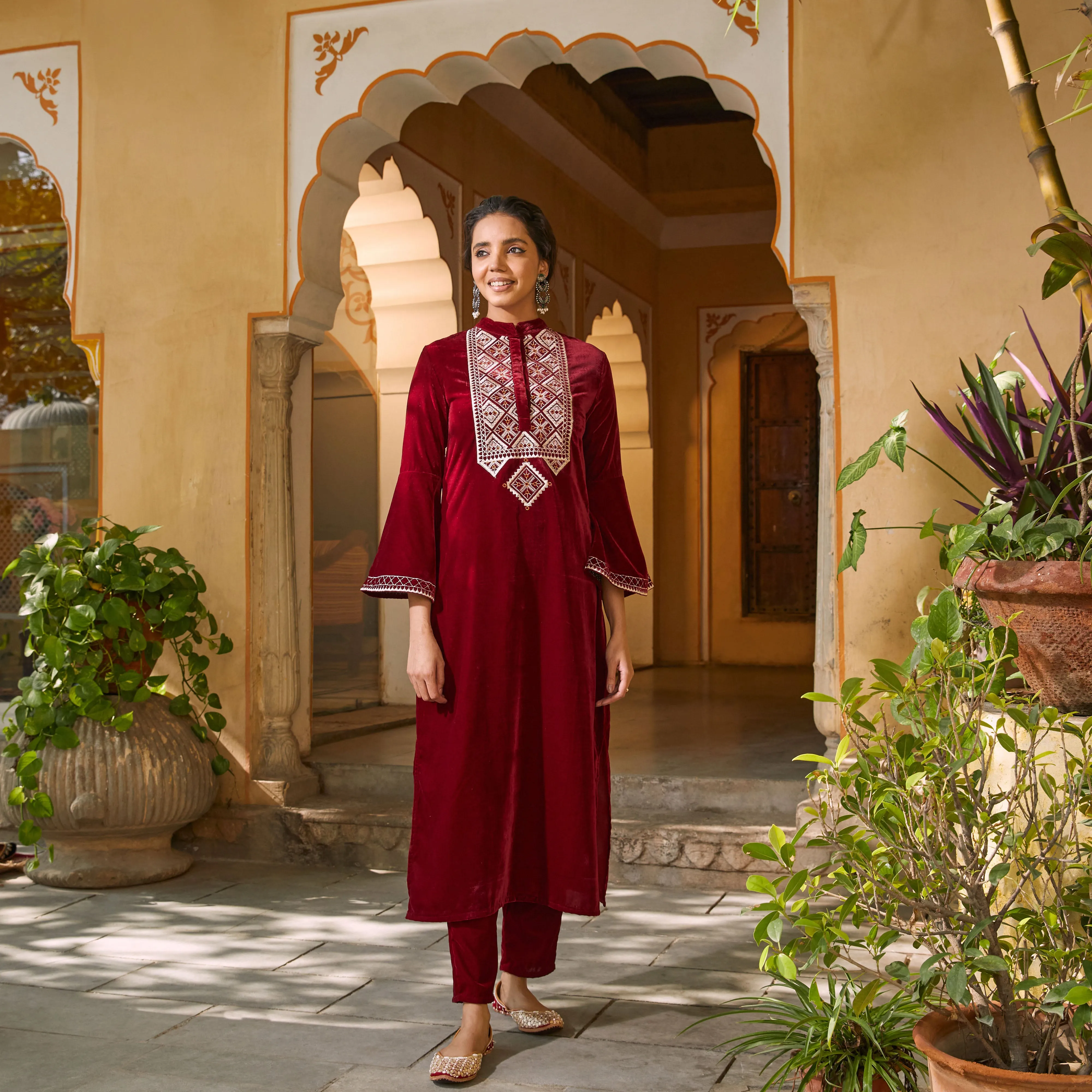 Maroon Velvet Embroidered Kurta with Bell Sleeves