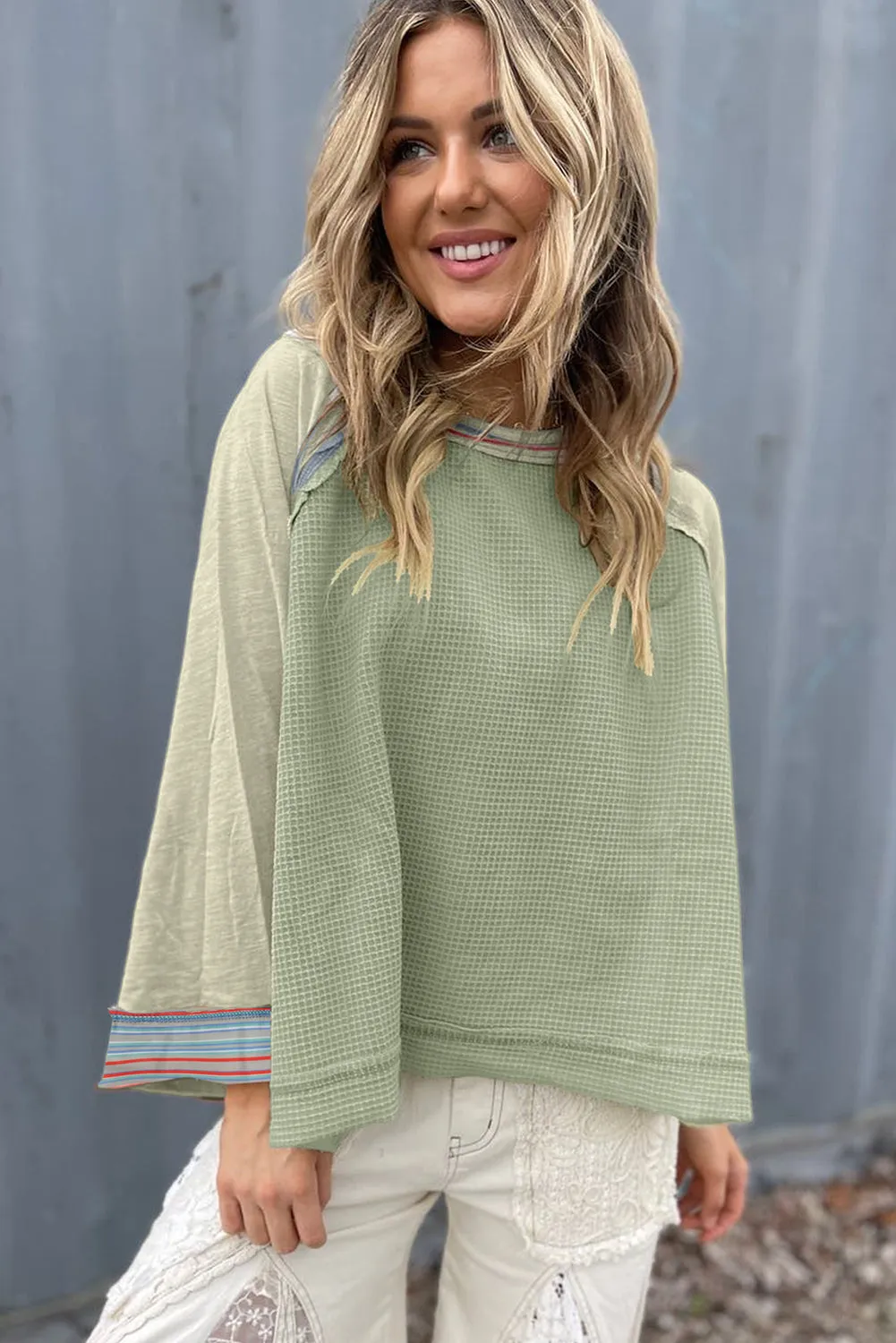 Meadow Mist Green Waffle Knit Wide Bracelet Sleeve Patchwork Raglan Top