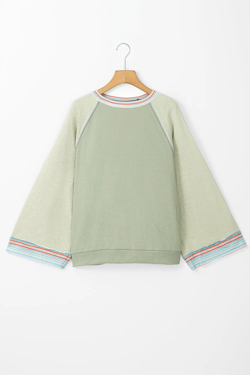 Meadow Mist Green Waffle Knit Wide Bracelet Sleeve Patchwork Raglan Top