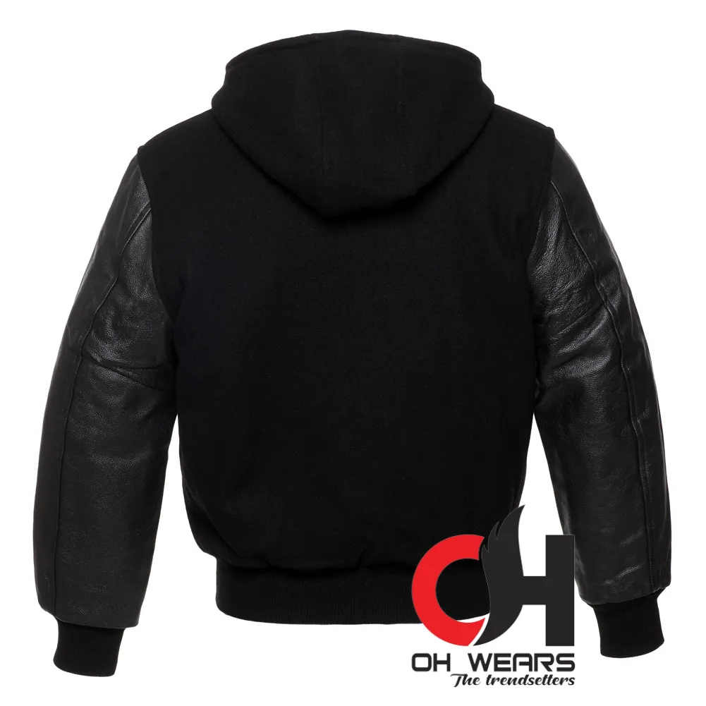 Mens Black on Black Hooded Varsity Jacket Custom Black Embroidery Hoodie Baseball Jacket Mens, Women and Kids