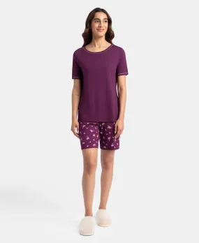 Micro Modal Cotton Short Sleeve T-Shirt and Printed Shorts Set - Purple Wine