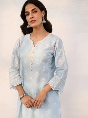 Mulmul Cotton Arpora Blue Kurta With Mulmul Cotton Arpora White Pant