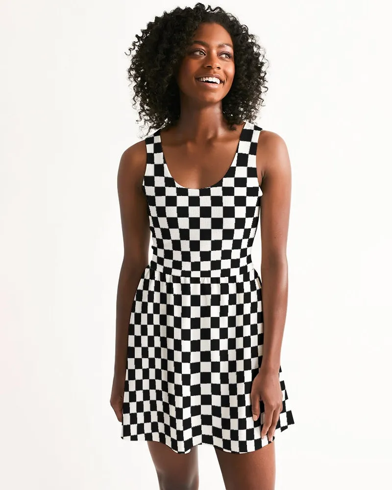 SMF Chessboard Feminine Scoop Neck Skater Dress