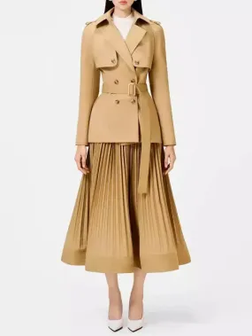 Women’s Double-Breasted Trench Jacket and Pleated Skirt Set