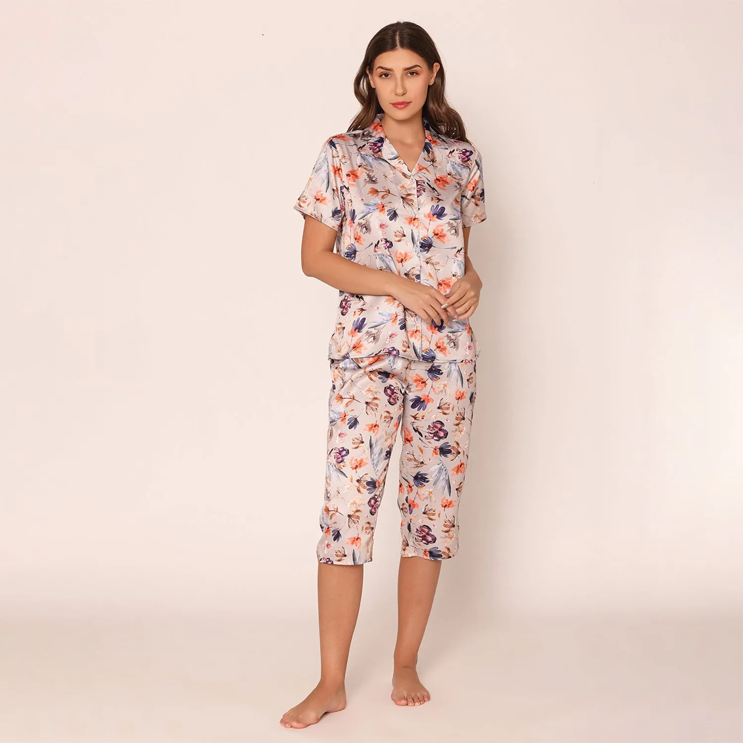 Women's Satin Floral Fantasy Night Suit Set of Shirt & Capri