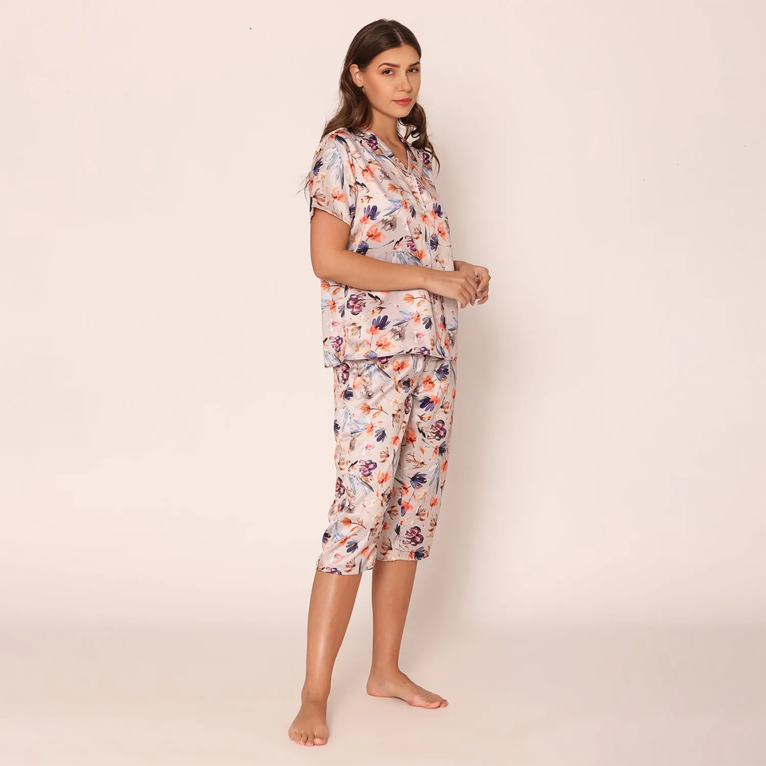 Women's Satin Floral Fantasy Night Suit Set of Shirt & Capri